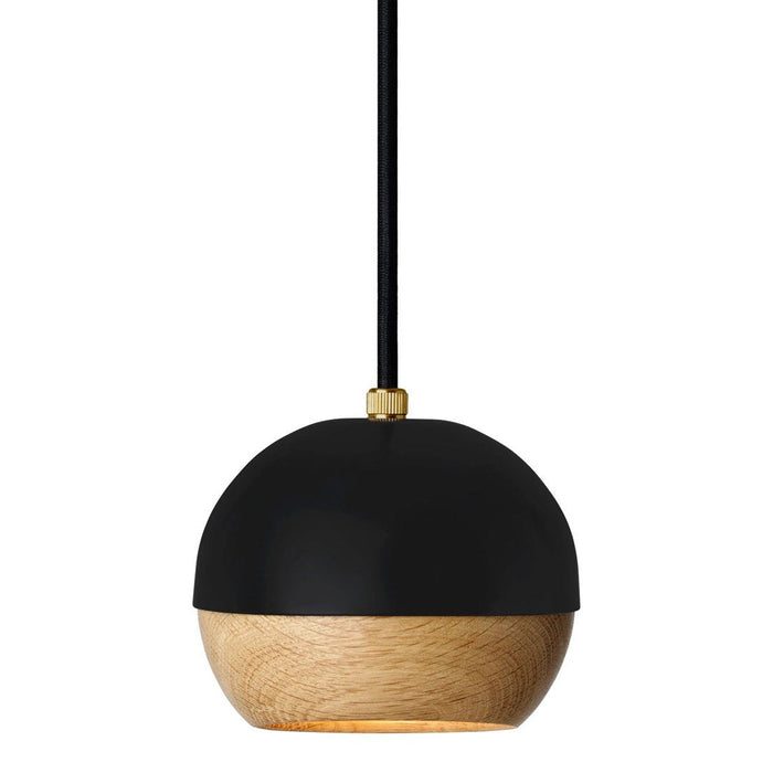 Modern pendant lamp featuring a sleek black top and natural wood bottom with a minimalist design.