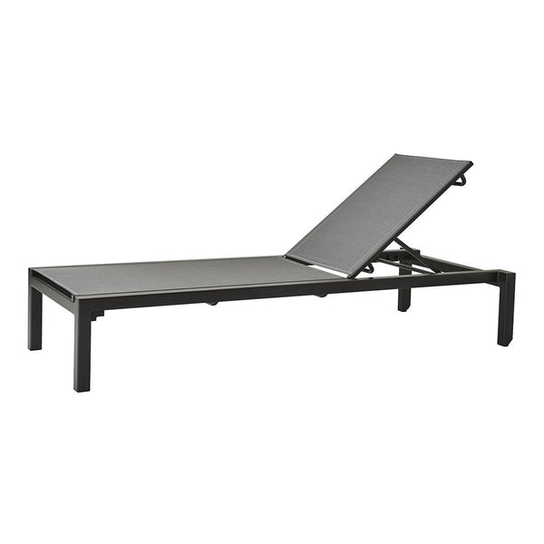 Gray outdoor chaise lounge with a sleek, modern design and adjustable backrest. Perfect for relaxing in style.