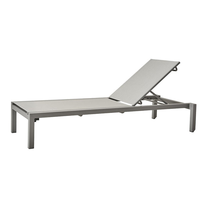 Modern gray aluminum lounge chair with a sleek, minimal design and a smooth, adjustable backrest. Perfect for outdoor spaces.