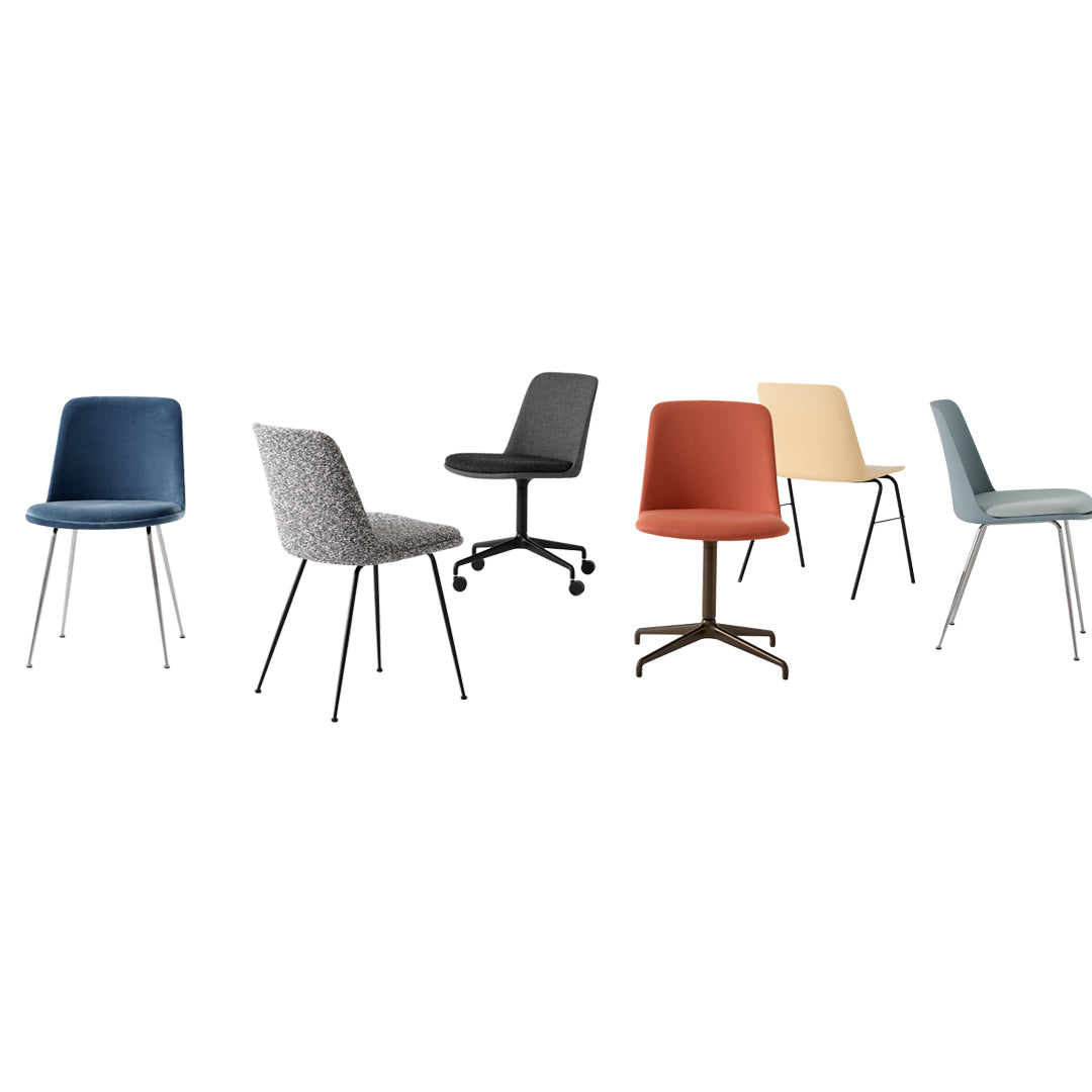 Colorful chairs in varying patterns: navy, gray, black, orange, and cream, showcasing diverse styles and designs.