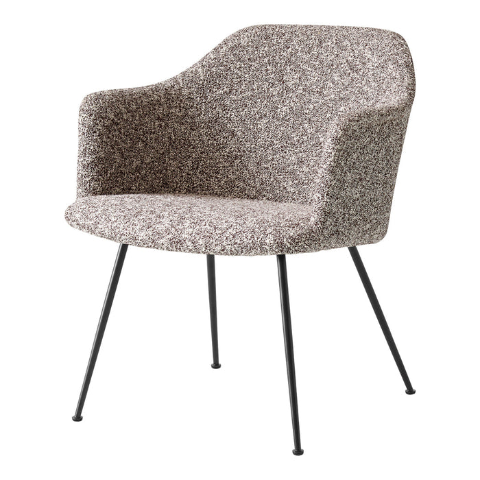 Textured brown and cream patterned upholstery with black legs, featuring a modern, cozy armchair design.