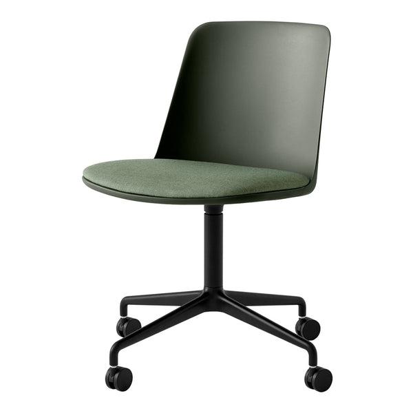 Green office chair with a sleek matte finish and soft fabric seat, featuring a minimalist design and black rolling base.