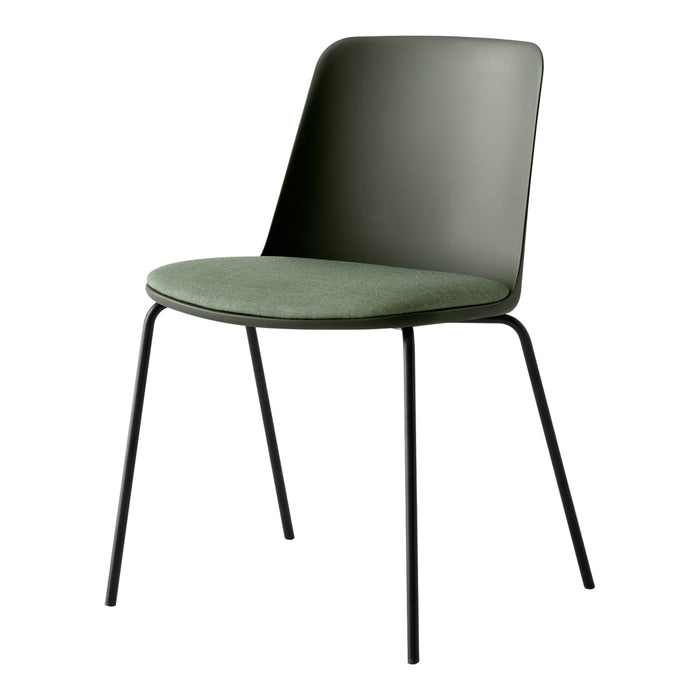Green upholstered chair with a sleek black metal frame, featuring a minimalist design and smooth, modern curves.