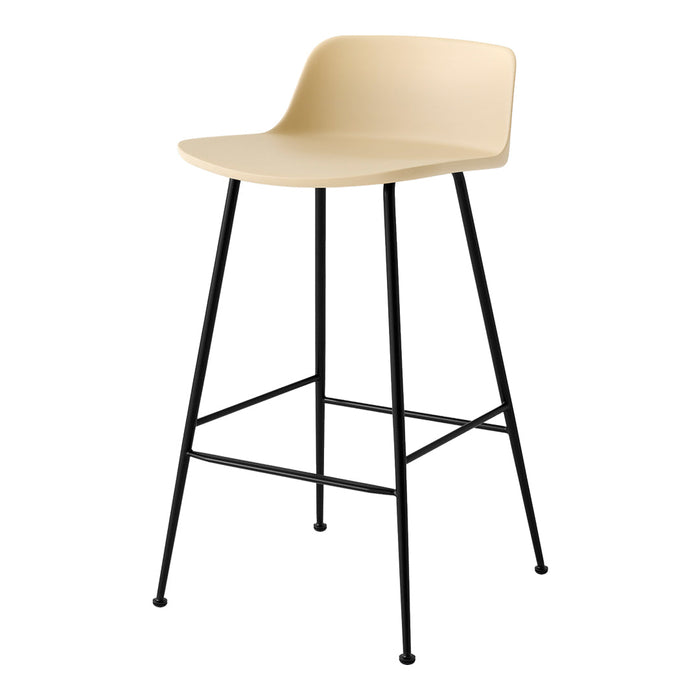 Beige bar stool with a smooth, curved seat and sleek black metal legs. Minimalist design, ideal for modern spaces.