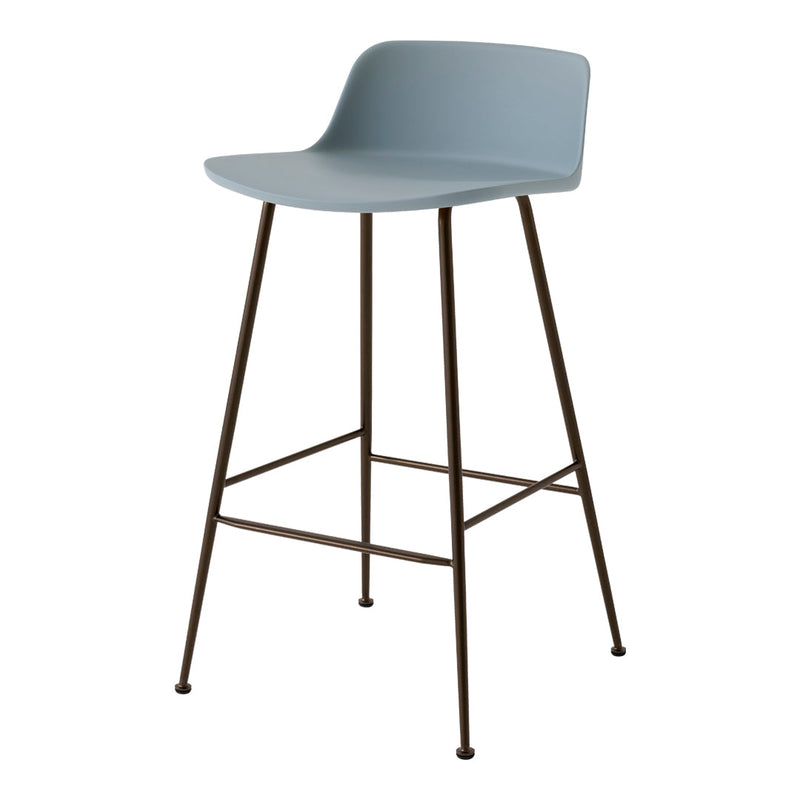 Light blue bar stool with a sleek, minimalist design and dark brown metal legs. Perfect for modern interiors.