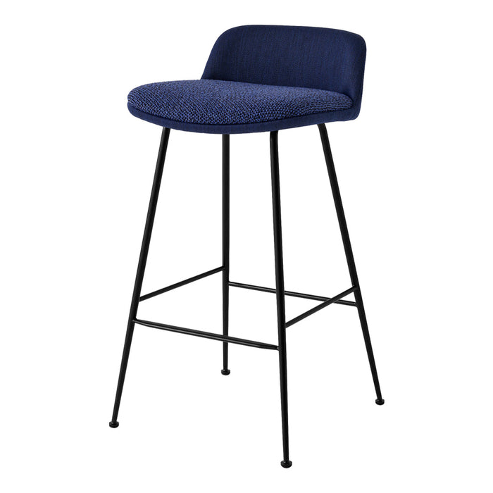 Navy blue upholstered bar stool with a textured surface and sleek black metal legs.