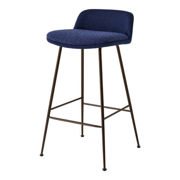 Navy blue upholstered bar stool with a textured pattern and sleek black metal legs.