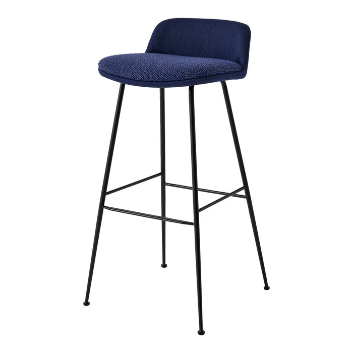 Navy blue upholstered bar stool with a simple, minimalist design and sleek black metal legs.