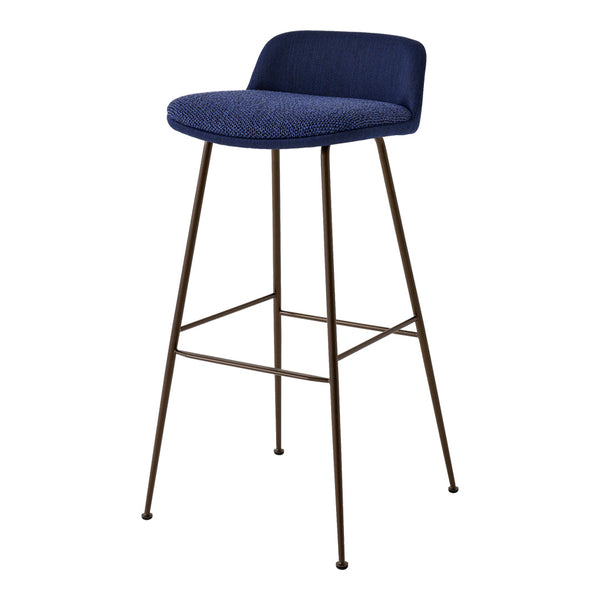 Navy blue upholstered bar stool with a textured finish and minimalist metal legs in a bronze hue. Ideal for modern spaces.
