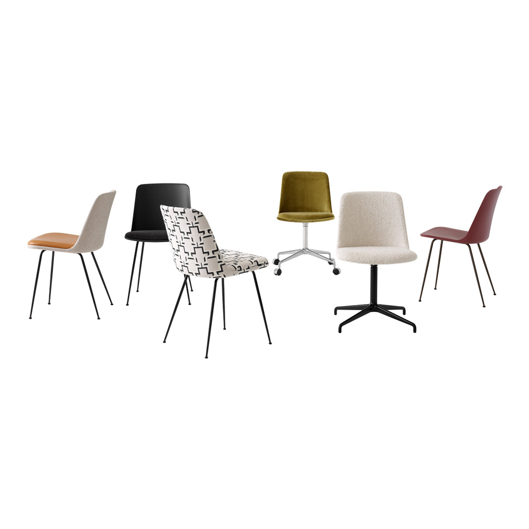 "Colorful modern chairs in various patterns: black, olive green, maroon, gray, and abstract design."