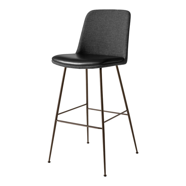 Black upholstered bar stool with a sleek design and bronze metal legs, perfect for modern interiors.
