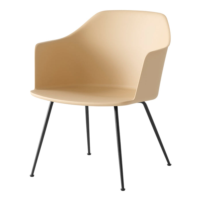 Beige contemporary chair with sleek black metal legs, featuring a smooth, minimalist design. Ideal for modern decor.