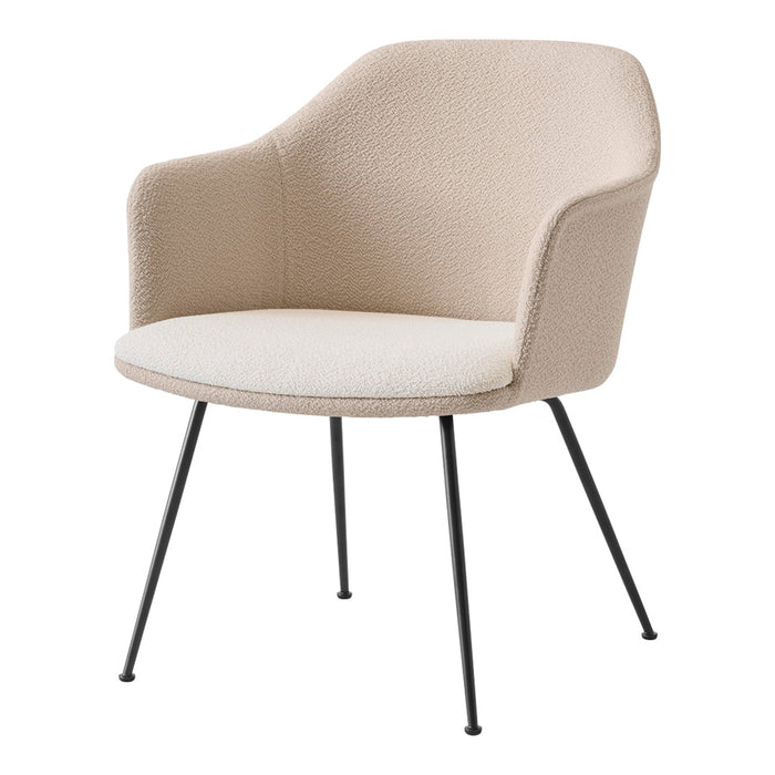 Beige textured armchair with light cream seat and black metal legs, perfect for modern decor.