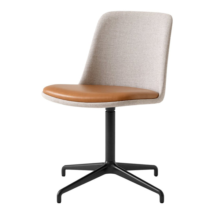 Light beige fabric chair with a tan leather seat and a black metal base, featuring a modern, minimalist design.