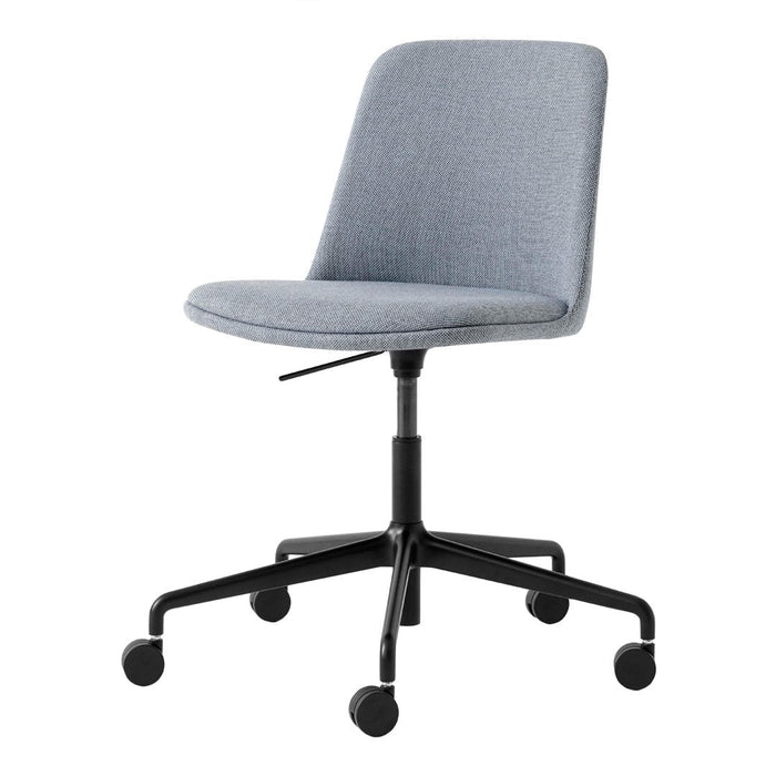 Gray fabric office chair with a smooth seat surface and black metal wheeled base. Simple, modern design.