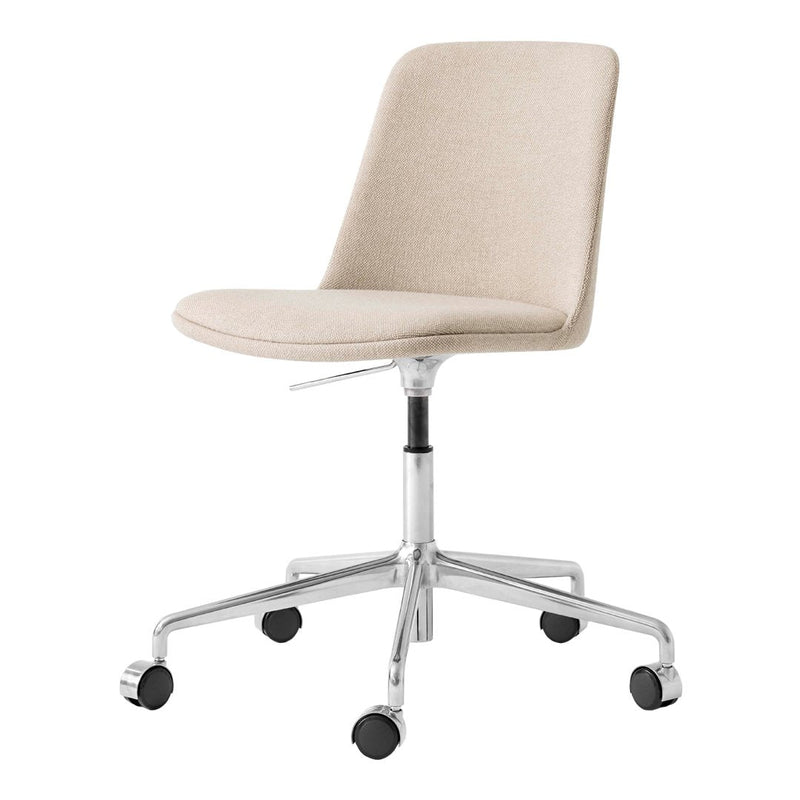 Beige upholstered swivel chair with smooth fabric and a sleek chrome base, featuring a minimalist design.