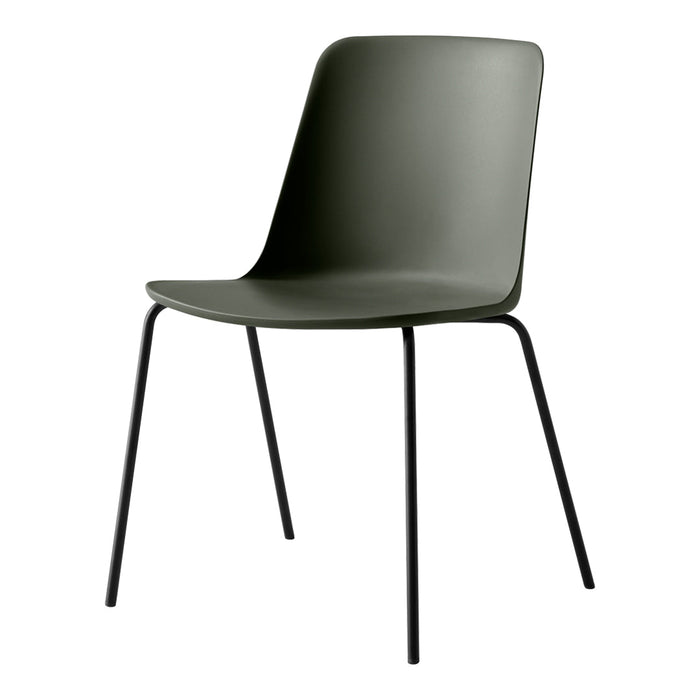 "Modern green chair with a smooth finish and sleek black metal legs, perfect for contemporary spaces."