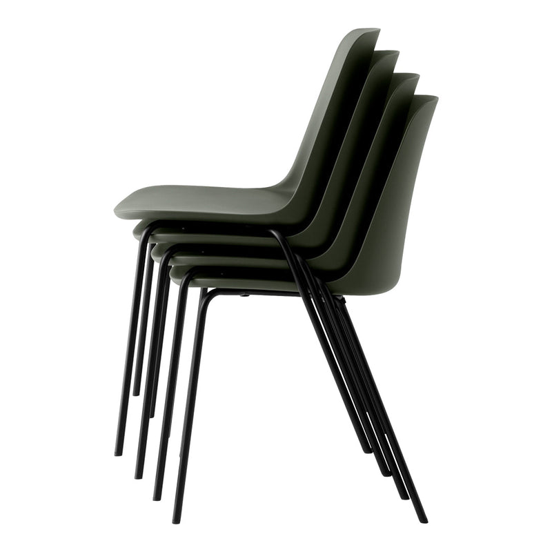 Stacked chairs in muted olive green with sleek black metal legs, showcasing a modern, minimalist design.