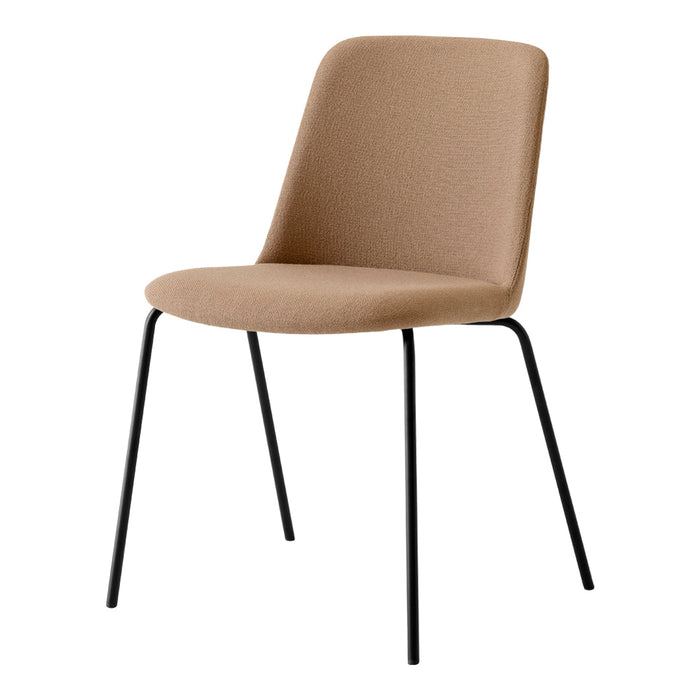 Beige upholstered chair with a sleek black metal frame, perfect for modern home decor.