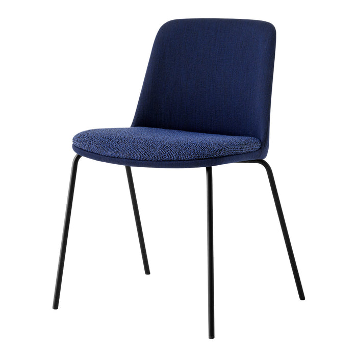 Navy blue chair with a textured fabric seat and sleek black metal legs, perfect for modern decor.