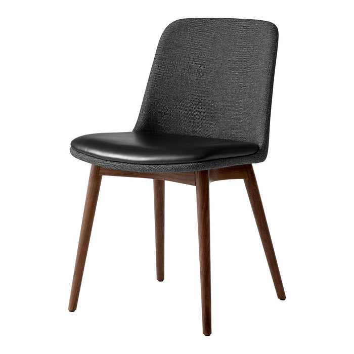 Modern chair featuring a sleek black upholstered seat and gray fabric backrest, complemented by warm wooden legs.