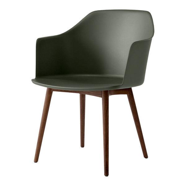 Olive green chair with smooth curves and brown wooden legs, perfect for modern decor.