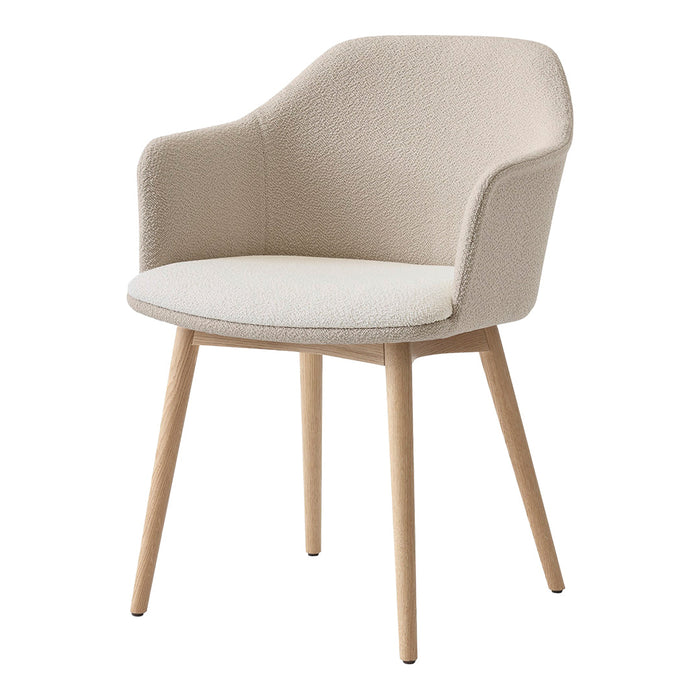 Beige fabric chair with a smooth, textured pattern and light wooden legs, perfect for modern decor.