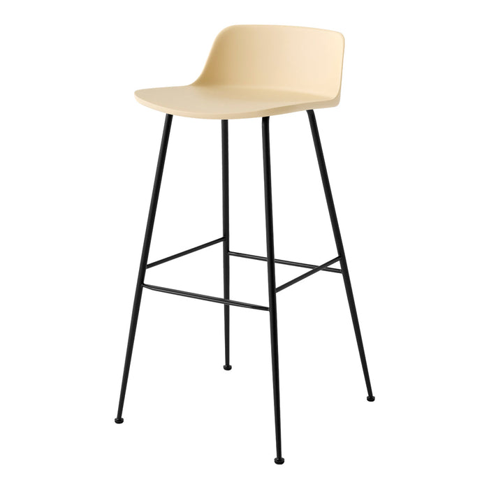 Beige bar stool with a smooth, curved seat and sleek black metal legs. Simple and modern design.