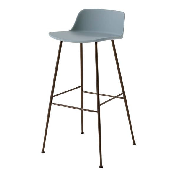 Light blue bar stool with sleek, minimalist design and brown metal legs, perfect for modern decor.