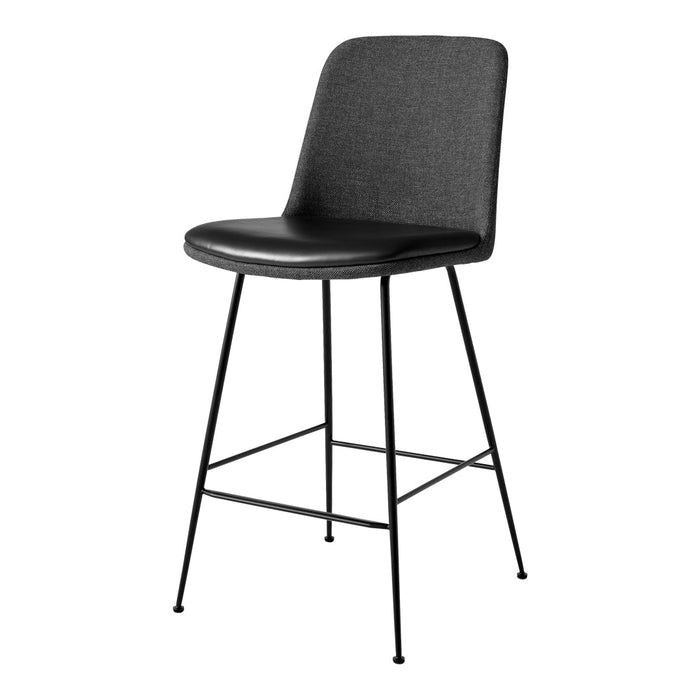 Black upholstered bar stool with sleek metal legs, featuring a simple, modern design. Ideal for contemporary decor.