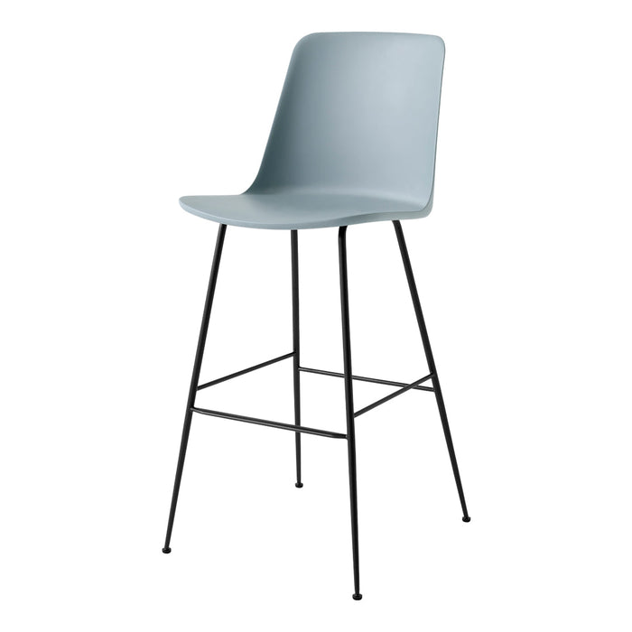 Light blue bar stool with a smooth finish and black metal legs, perfect for modern decor.