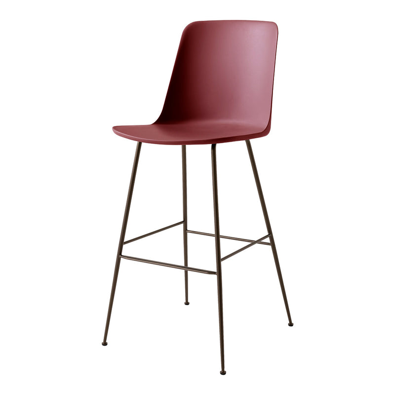 Burgundy plastic bar chair with sleek metal legs, modern and minimalist design. Ideal for contemporary spaces.