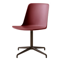 Elegant burgundy chair with a smooth finish and a sleek, minimalist design on a sturdy brown base.