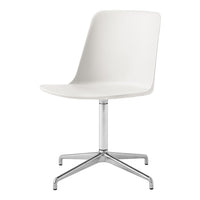 Modern white chair with a sleek design and smooth surface resting on a chrome base. Ideal for contemporary spaces.