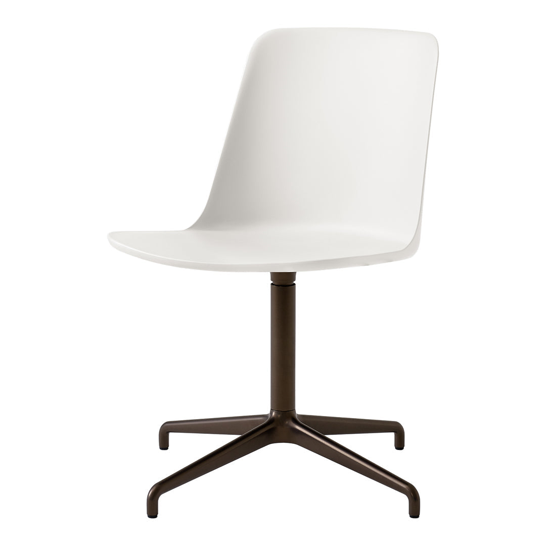 Modern white chair with a sleek, smooth finish and a contrasting dark brown metal base, minimalistic design.