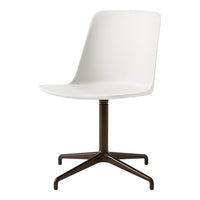 Modern white chair with a sleek, smooth finish and a contrasting dark brown metal base, minimalistic design.