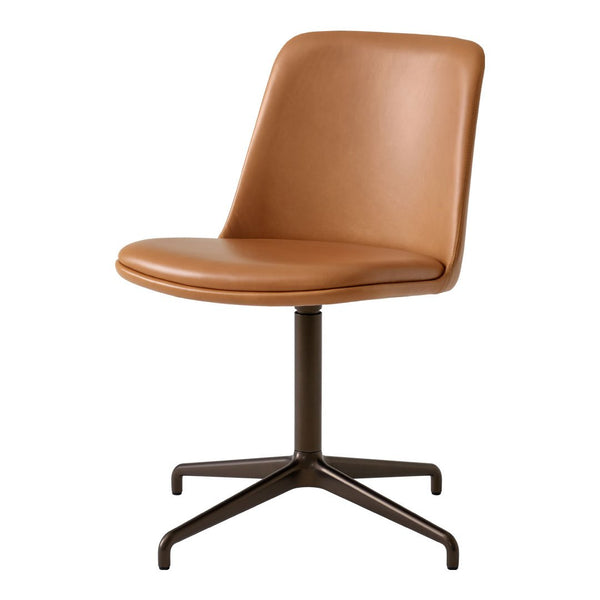 Brown faux leather chair with a smooth finish and minimalist design, featuring a sleek black metal base.