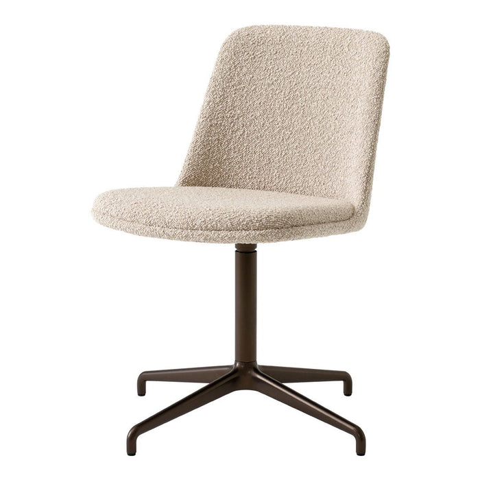 Beige textured chair with a sleek brown metal base, featuring a minimalist design and soft upholstery.