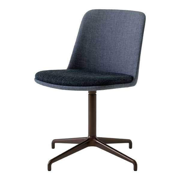 Modern gray upholstered chair with a rounded back and sturdy brown metal base, featuring a minimalist design.