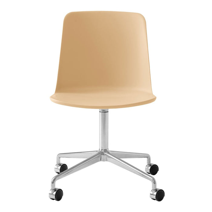 Beige ergonomic chair on a chrome base with smooth finish and minimalist design. Perfect for modern office decor.