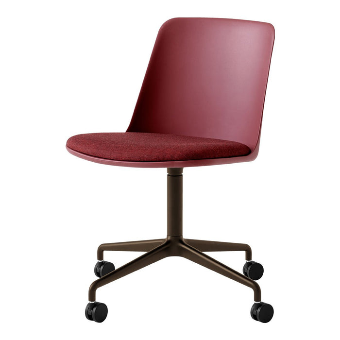 Stylish burgundy chair with a smooth back and textured seat, set on a sleek black wheeled base.