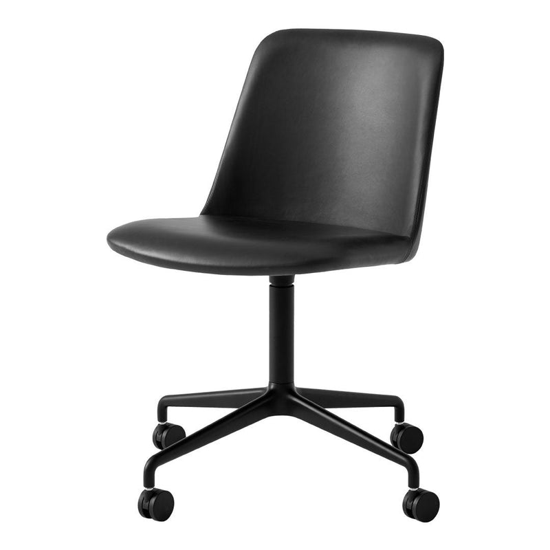 Black swivel chair with a smooth, minimalist design and a matte finish, featuring five castor wheels for mobility.