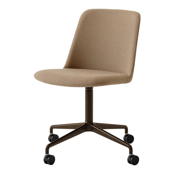Modern beige office chair with a smooth, minimalist design and a dark metal base, featuring rolling casters.