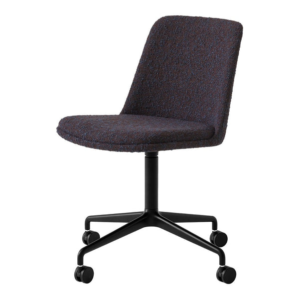 Modern swivel chair featuring a dark purple fabric with subtle red flecks and a sleek black base.
