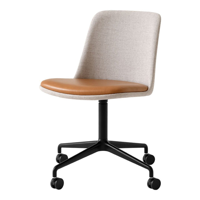 Light gray fabric chair with a tan leather seat, complemented by a sleek black metal base and rolling wheels.