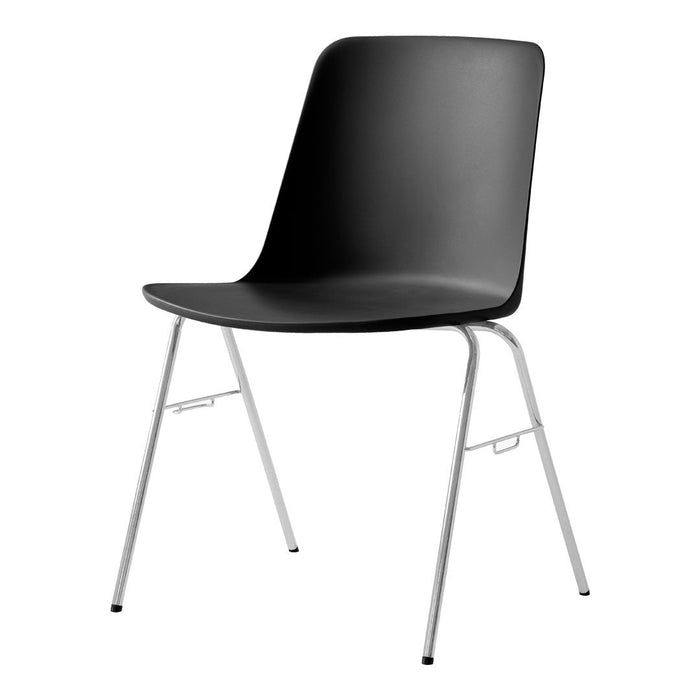 Stylish black chair with a smooth surface and sleek silver metal legs, perfect for modern decor.