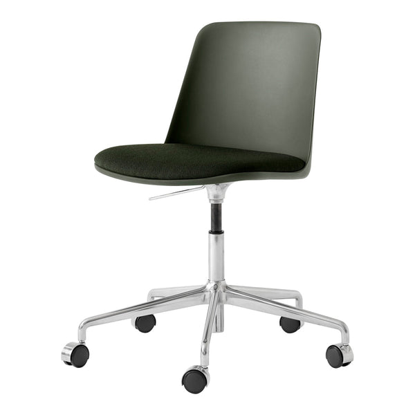 Modern green swivel chair with a sleek design, featuring a matte finish and chrome base for a contemporary look.