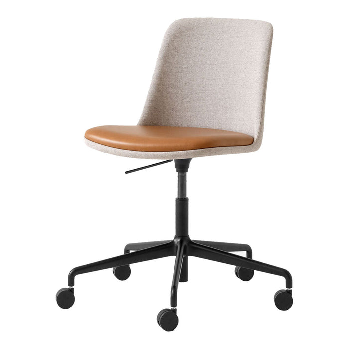 Beige fabric chair with a tan wooden seat and sleek black rolling base, perfect for modern office decor.