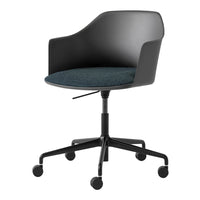 Modern black swivel chair with a dark teal upholstered seat, featuring a sleek, minimalist design.