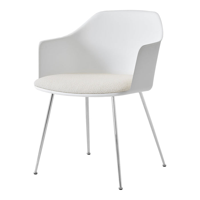 White chair with smooth, modern design and a neutral beige cushion, featuring sleek metallic legs. Perfect for minimalistic decor.